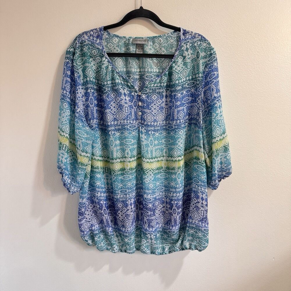 Catherines Shirt Blouse 1X 18 / 20W Bohemian Aztec Native Blue Green 3/4 Sleeves
